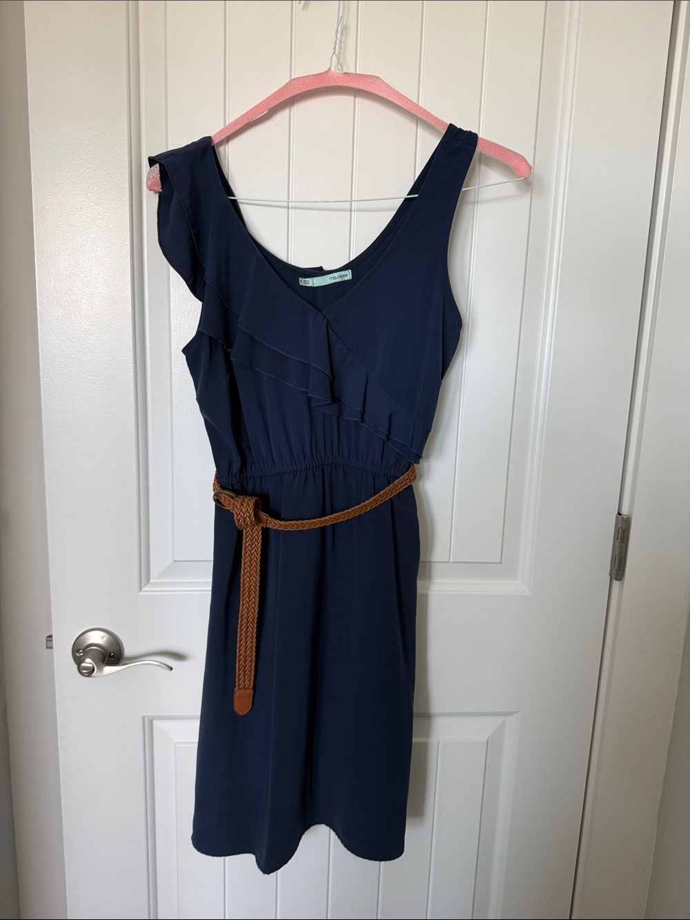 Maurices Navy One-Shoulder Ruffle Dress with Brown Belt